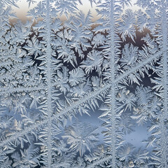 An extreme close-up of the intricate, intersecting patterns of frost forming on a cold windowpane. The detail is sharp and looks like a natural abstract painting. The square format enhances the beauti