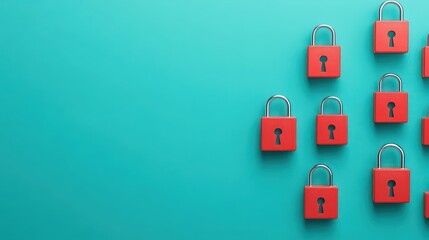Modern digital security concept showing multiple open red padlocks on a bright blue background representing data protection and cybersecurity