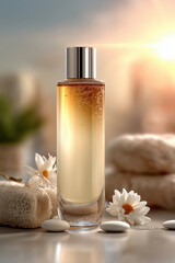 Golden oil bottle for skincare with spa scene