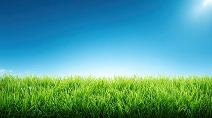 A vibrant green grass field under a clear blue sky, creating a peaceful and refreshing outdoor scene.