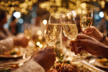 Corporate holiday dinner toast with champagne glasses and festive lights