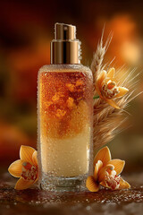 Organic oil bottle with wheat and orchid flowers