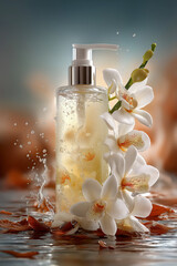 Skincare product with water splashes and orchids