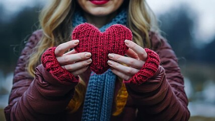 Person wearing warm winter clothing with fingerless red knitted gloves gently holds vibrant red knitted heart for symbolizing love care warmth Valentine's Day romantic cozy concept
