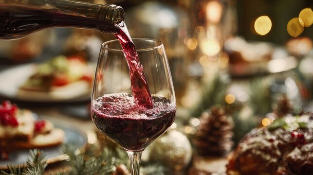 Christmas table with red wine being poured and festive food - Powered by Adobe