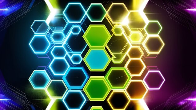 Futuristic hexagon design – vibrant glowing hexagonal pattern forming an abstract geometric layout, ideal for technology-inspired visuals.