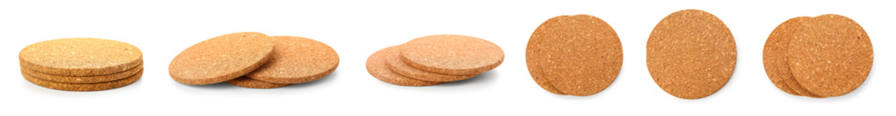 Set of cork drink coasters on white background