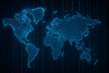 Digital glowing world map visualization, futuristic global network connection, big data analytics background, cyber technology grid, artificial intelligence, binary code dots, abstract virtual earth d