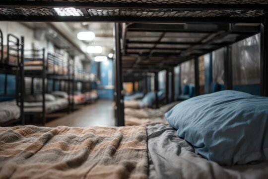 A row of bunk beds in a homeless shelter where individuals finally rest safely The mood feels quiet and secure, Generative AI