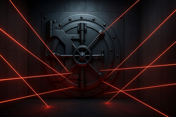 Bank vault secure door with red laser beams, high security protection system, financial treasure safety concept, futuristic robbery prevention technology, strong metal safe with advanced security lock