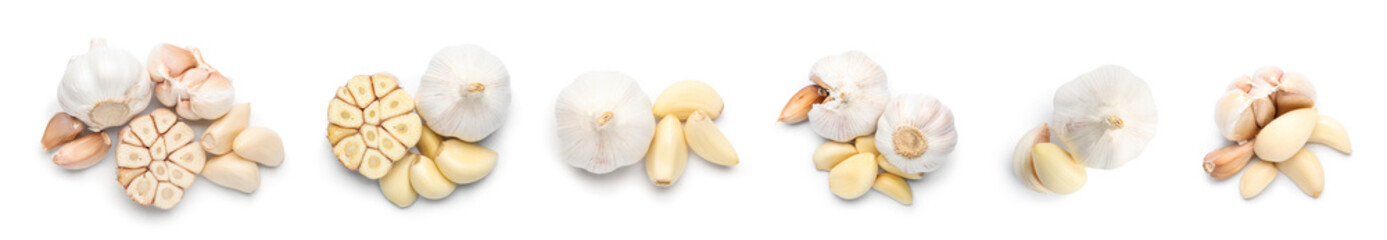 Set of fresh garlic on white background, top view