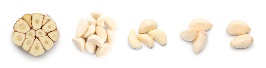 Set of fresh garlic on white background, top view