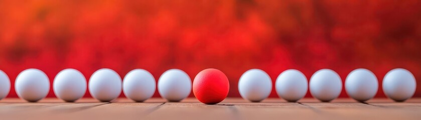 Long row of white balls with one red ball in the center on a wooden surface over red blurred background symbolizing contrast, focus, individuality, and balance