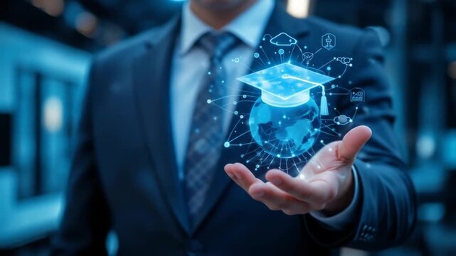 A futuristic technology showcase of educational business services. A businessman holds a virtual education icon with a graduation cap and a hologram of the digital world. 4K video. - Powered by Adobe