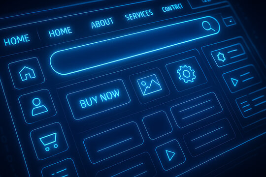 Ecommerce website interface buy now button digital shopping cart online store hologram futuristic user interface payment technology blue neon design marketing concept cyber retail business advertiseme