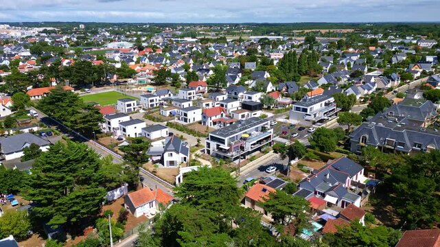 Pornichet residential neighborhood, France. Aerial drone panoramic view