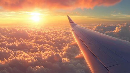 Obraz premium Aerial Serenity: Airplane Wing Gliding Above Cloudscape at Sunset Illuminating the Sky