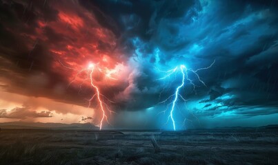 Background image of red and blue lightning striking the dark sky.
