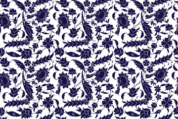 seamless floral damask pattern bold blue colored motif suitable for wallpaper, curtain, cloth, textile, tile, blanket and fabric design isolated over white background.