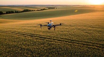 Drone Flying Over Golden Wheat Field at Sunset.