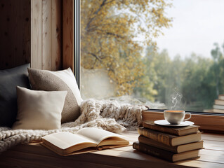 A cozy window seat with blankets and books, overlooking a peaceful autumn forest, symbolizing relaxation and comfort