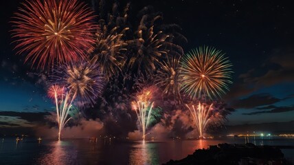 Colorful fireworks illuminate the night sky over the water during a festival