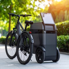 Modern electric cargo bike with integrated delivery box and screen for urban logistics.