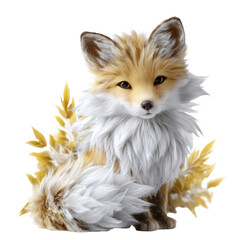 Obraz premium A fluffy adorable young fox with golden and white fur sits amongst yellow foliage