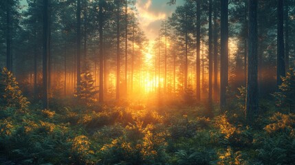 Fototapeta premium Breathtaking golden light breaks through the misty canopy of a dense evergreen forest at sunrise or sunset, casting ethereal rays and illuminating the tranquil undergrowth in a magical, serene glow.