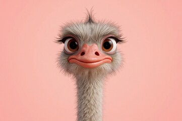 Cute cartoon ostrich, pink background,  headshot, 3D render, animation