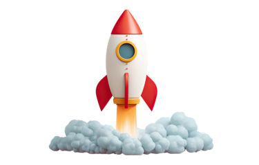 A cartoon rocket launching, with stylized smoke