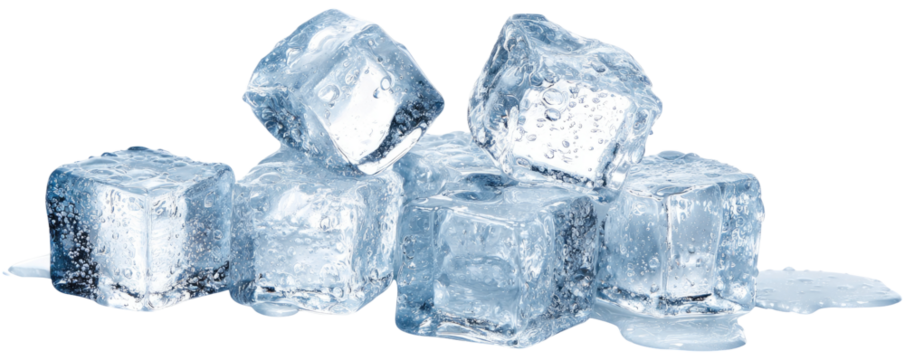 Pile of clear ice cubes, some melting