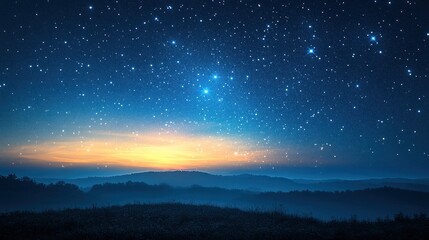 Fototapeta premium Starry Night Sky with Dawn over Misty Mountains and Silhouetted Landscape