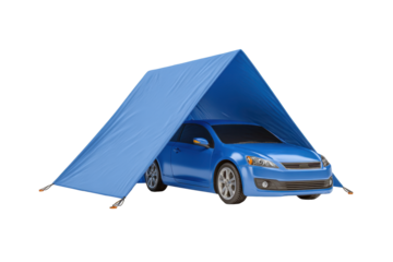 Blue Car Under Portable Shelter on Transparent Background
