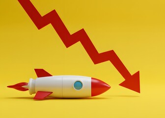Rocket and red arrow down. Failed startup and failed advertising campaign. Problems in the space industry. Declining investor confidence or instability in ambitious tech sectors like aerospace