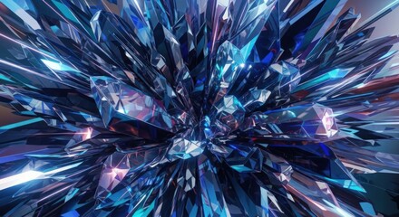 Abstract 3D Render of Dark Blue and Teal Crystals Bursting Outward with Glowing Highlights
