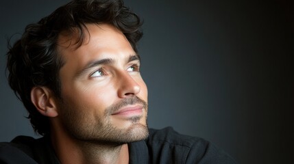 Handsome man with dark hair looking up thoughtfully against a dark background in a close up studio portrait shot