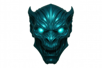 Metallic gargoyle head with glowing eyes and sharp teeth, isolated on transparent background, perfect for fantasy or horror projects