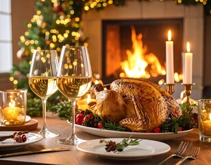 Festive Christmas Dinner with Roasted Turkey, Wine, and Cozy Fireplace Ambience