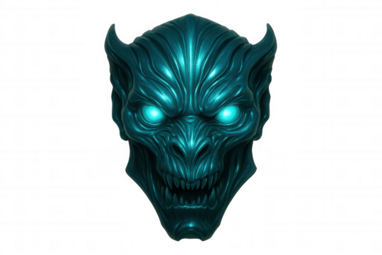 Metallic gargoyle head with glowing eyes and sharp teeth, isolated on transparent background, perfect for fantasy or horror projects