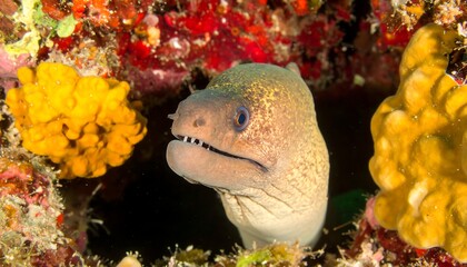Obraz premium Moray eel's head emerges from coral reef crevice