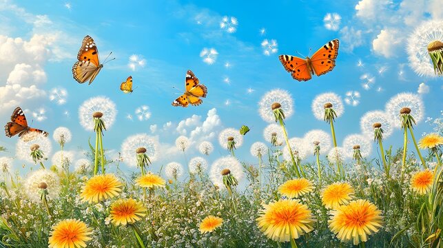 Fototapeta A meadow filled with dandelions and butterflies fluttering around under a vivid blue sky  