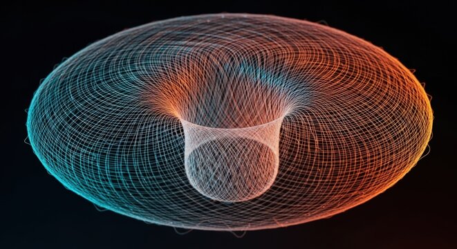 Abstract Wireframe Torus with Blue and Orange Gradient on Dark Background