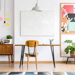 Modern Home Office Setup with Mid Century Furniture and Abstract Art.