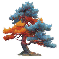 Fototapeta premium Stylized Pine Tree With Vibrant Orange And Blue Foliage On A Transparent Background