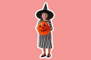 Cute little girl dressed for Halloween as witch with pumpkin on pink background