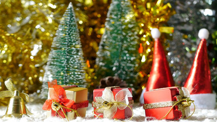 Happy new year background Santa Christmas tree present gift box with glitter tinsel. Christmas tree decorated holiday winter xmas happy new year celebration. Merry Christmas happy new year concept