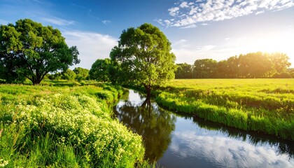 Scenic rural landscape with a meandering stream and lush vegetation under a bright sky