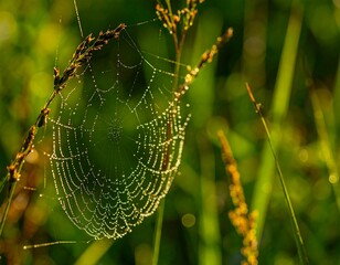 Dew-covered spiderweb in morning sunlight, nestled amongst tall grasses