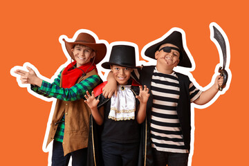 Cute happy boys in different costumes dressed for Halloween party showing gun gesture on orange background